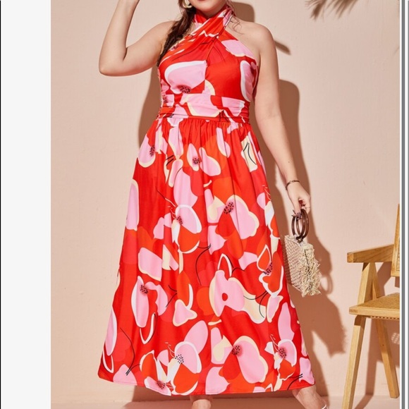 Boho Plus Size Red Floral Print Tie Back Halter Maxi Dress - Picture 9 of 14